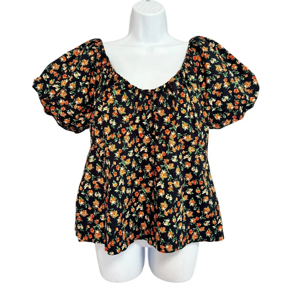 Old Navy Floral Puff Sleeve Blouse Womens Sz Large Heart‎ Neck Multicolor